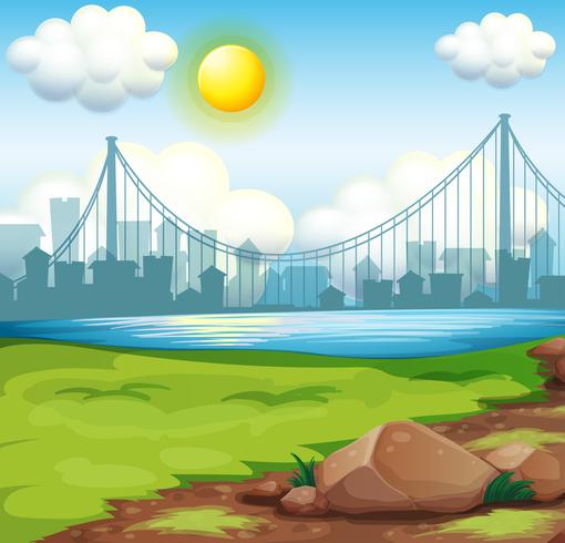 A view of the river near the tall buildings under the bright sun vector