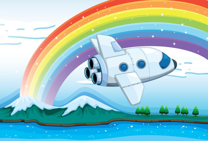 Un avión de reacción cerca del arco iris. vector