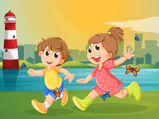 Two adorable kids running with butterflies vector