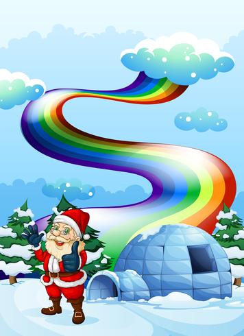 Un Papá Noel sonriente cerca del iglú con un arco iris en el cielo vector