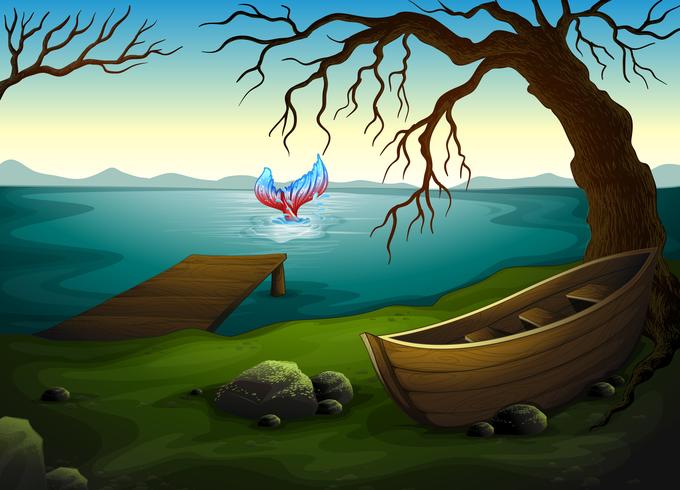 A boat under the tree near the sea with a big fish vector