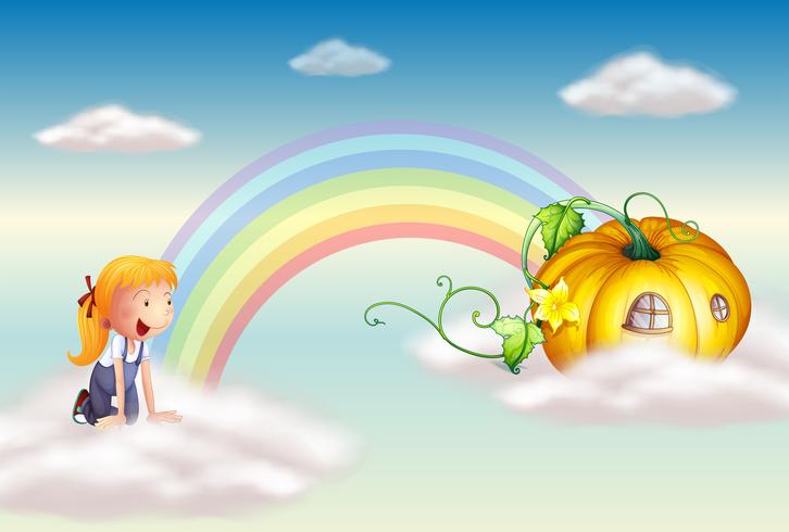 Una niña viendo una calabaza al final del arco iris. vector