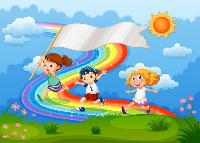 Niños corriendo con una pancarta vacía y un arco iris en el cielo vector