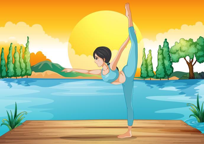 Una muchacha que realiza yoga a lo largo del río en un paisaje de la puesta del sol vector