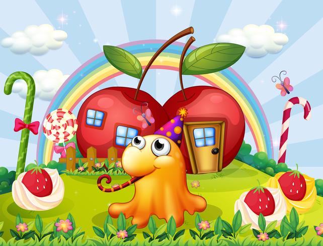 A hilltop with giant lollipops and a monster with a hat vector