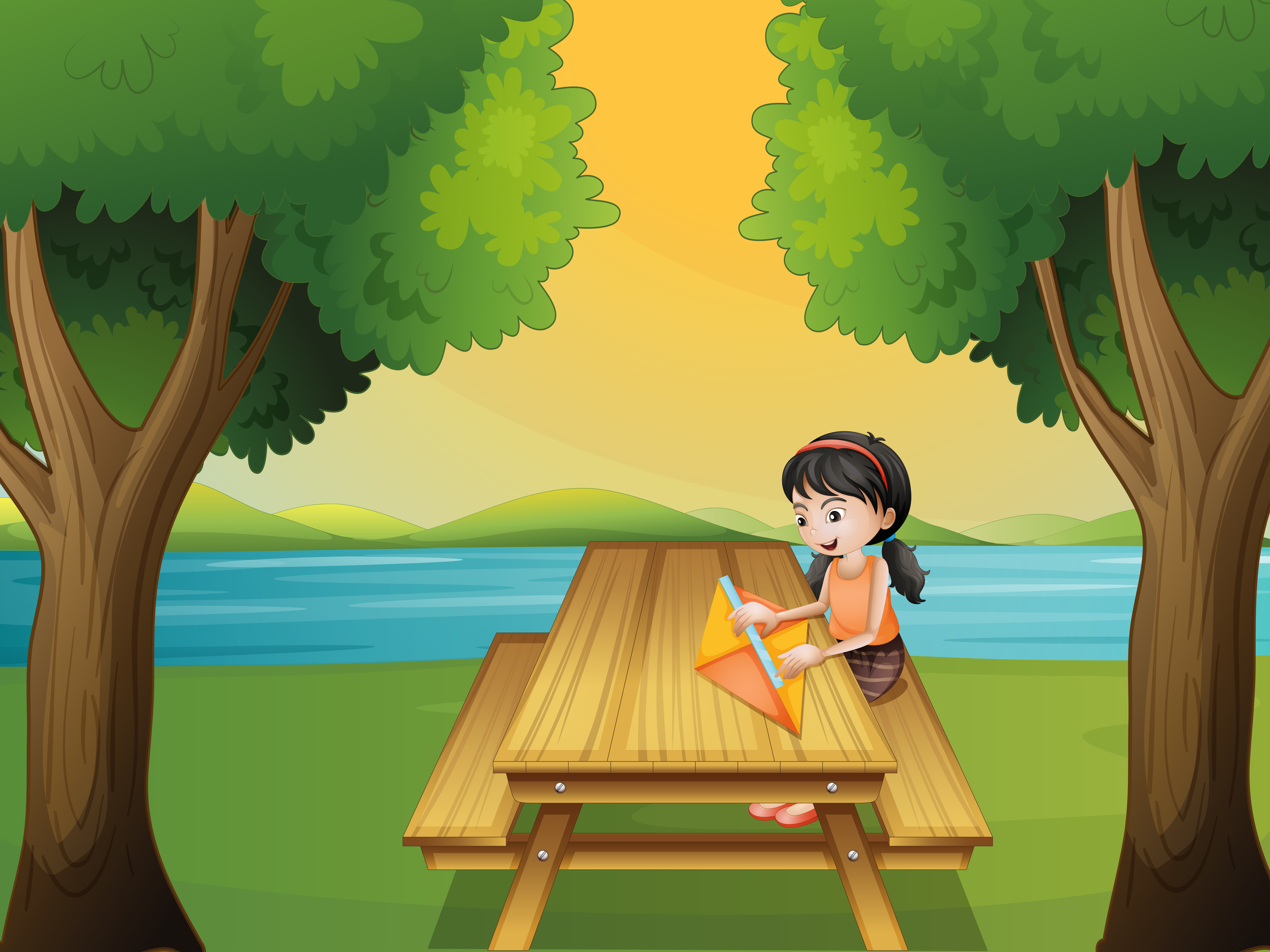 A girl making a kite at the table - Download Free Vectors 