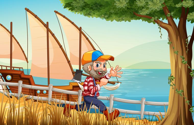 A smiling lumberjack walking while carrying an axe vector