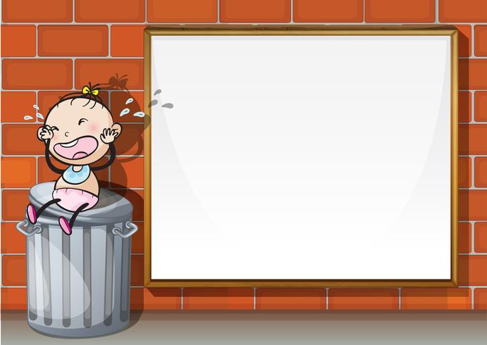 A child above the trashbin beside the empty wooden board vector