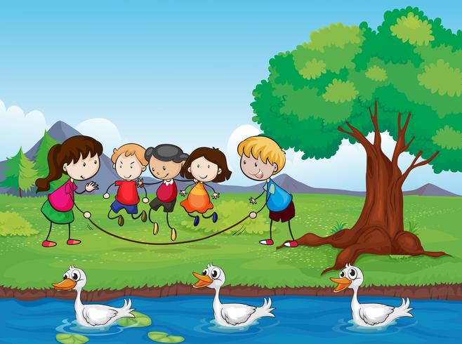 Playing kids and ducks in water vector