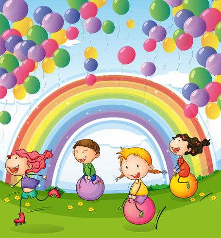 Niños jugando con globos flotantes y arco iris en el cielo. vector