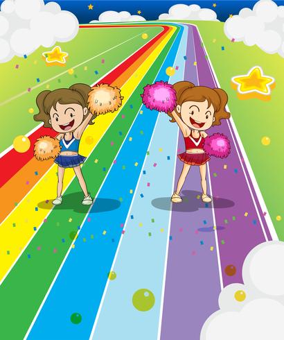 Two young cheerleaders dancing at the colorful road vector