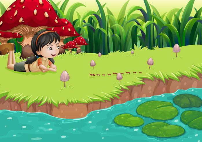 A girl at the riverbank near the red mushrooms vector