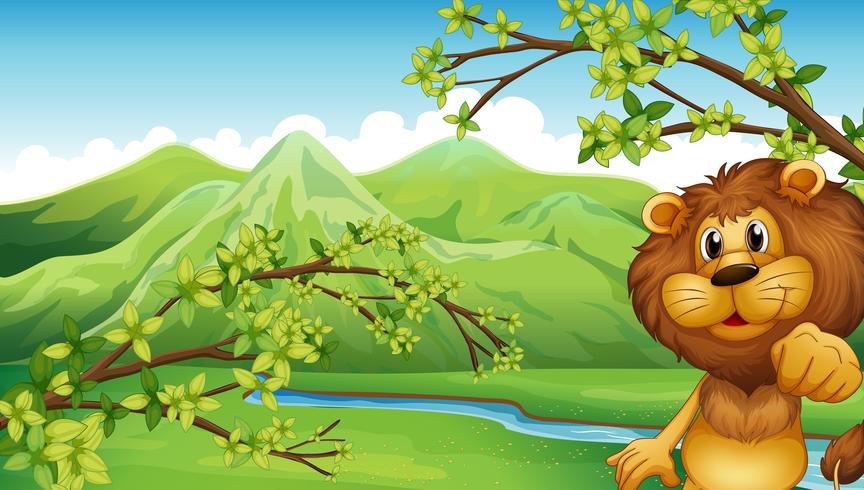 Un león en un paisaje de montaña. vector