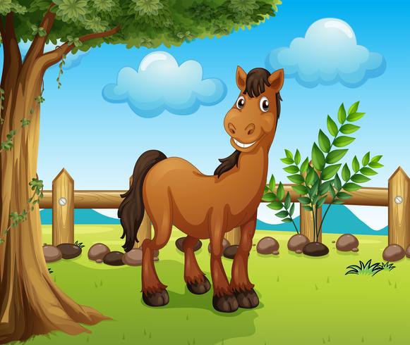 Happy brown horse inside a fence vector