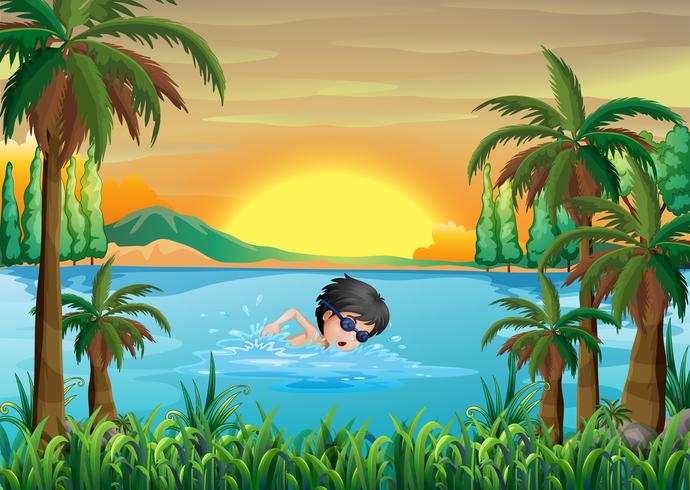 A boy swimming at the lake vector