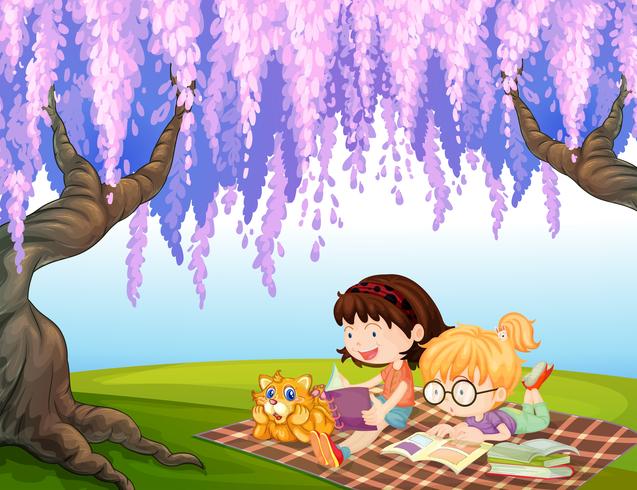 Girls reading at the park with a cat vector