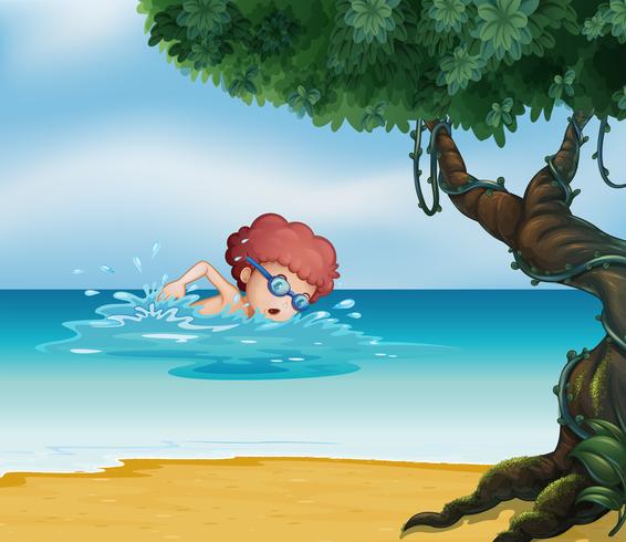 A young man swimming at the beach with an old tree vector