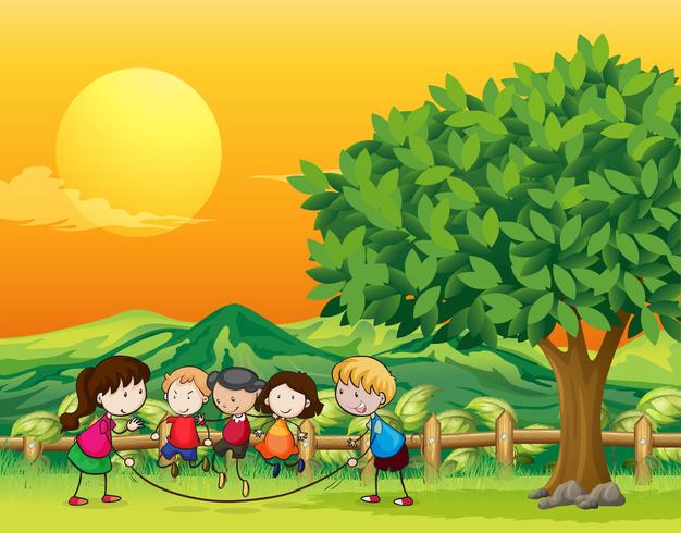 Five children playing jumping rope vector