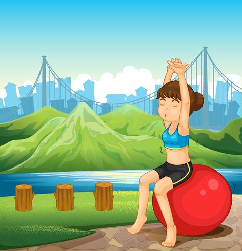 A girl exercising near the river across the mountains vector