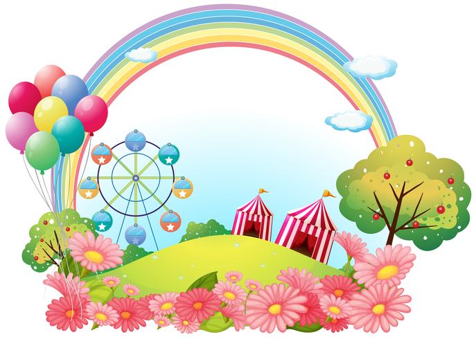 A hill with circus tents, balloons and a ferris wheel vector