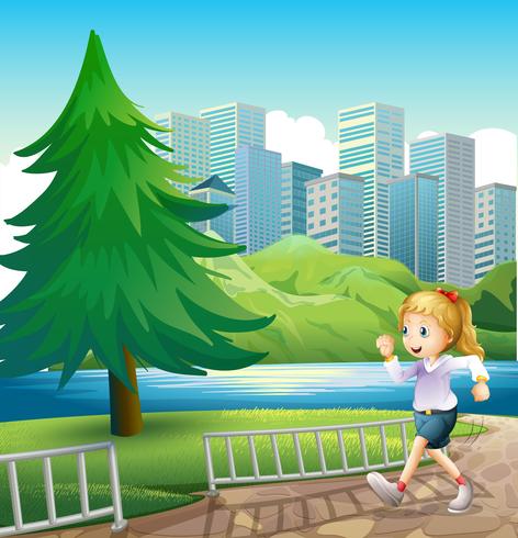 A girl running at the riverbank with a tall pine tree vector