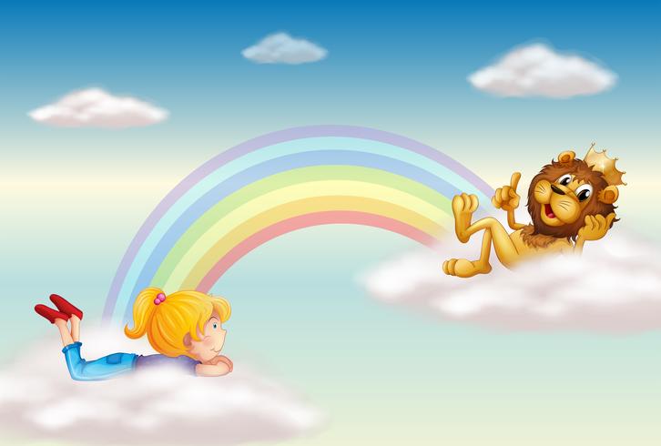 A girl and a king lion across the rainbow vector