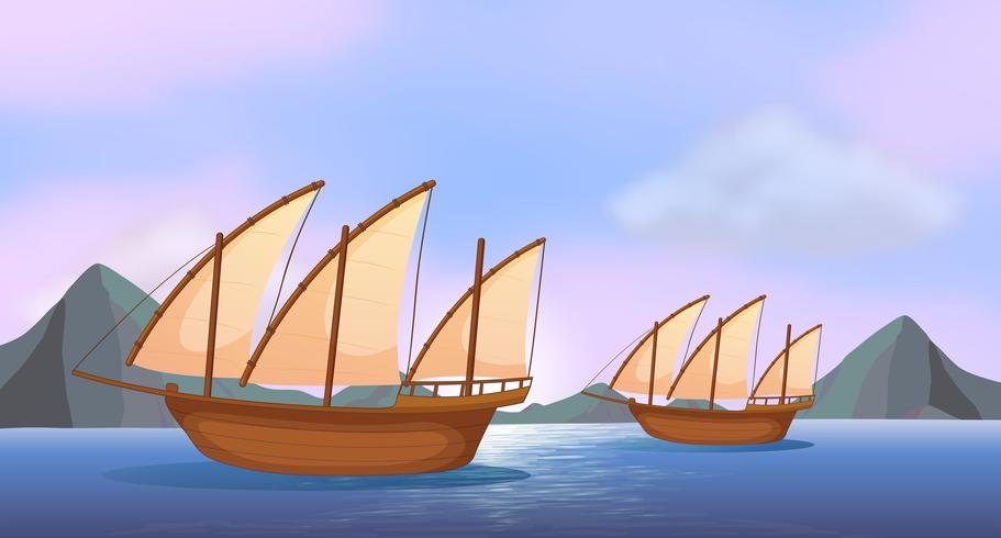 Dos barcos de madera en el océano. vector