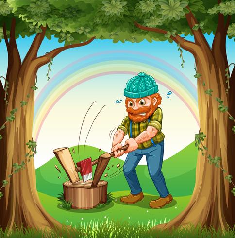 A man chopping the woods near the trees vector