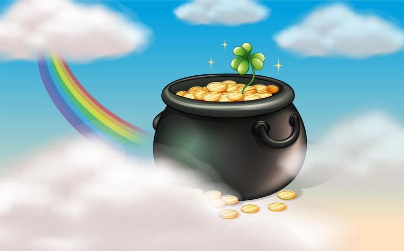 A pot of coins with a clover plant vector