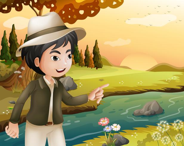 A man with a hat at the riverbank vector