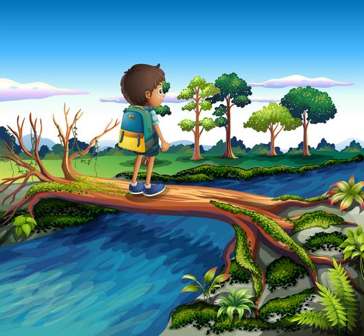 A boy with a backpack crossing the river vector