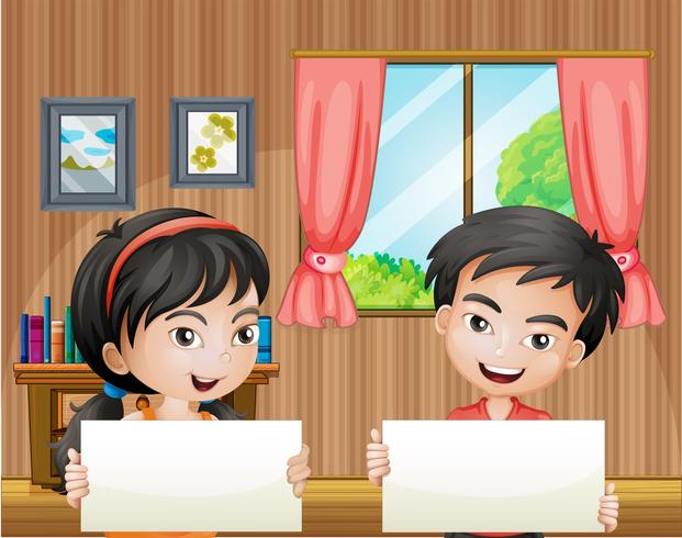 Two kids with empty signboards inside the house vector