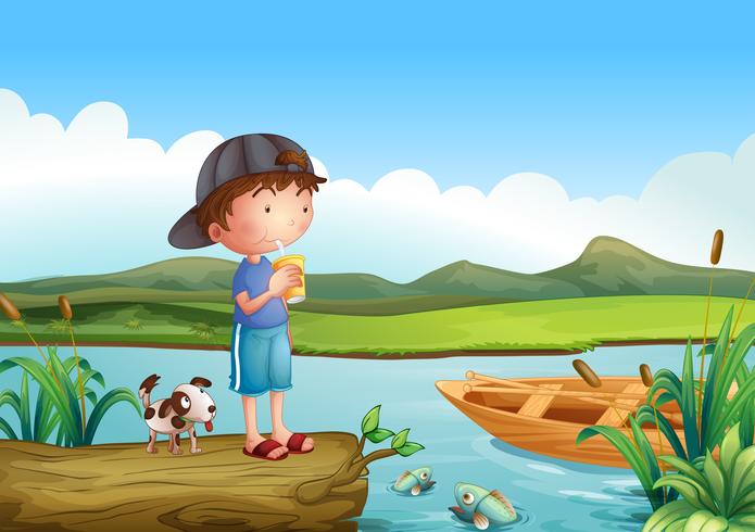 A boy and a dog above a floating trunk vector