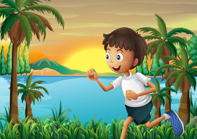 Un niño corriendo cerca del río. vector