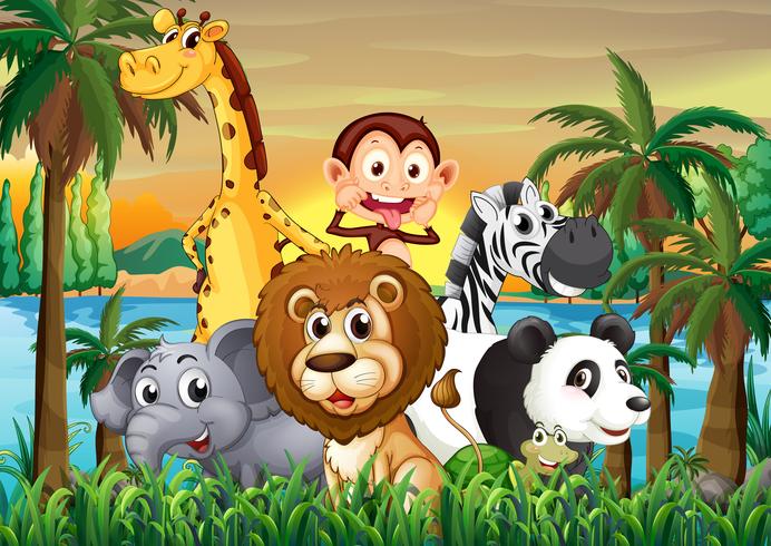 A group of animals at the riverbank with coconut trees vector