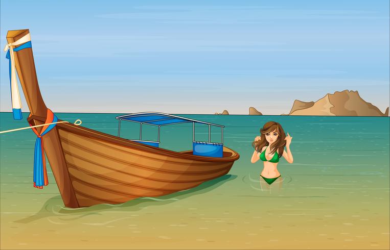 A girl near the wooden boat vector