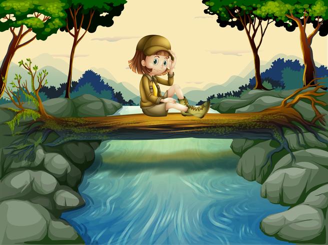 Una niña sentada en el bosque vector