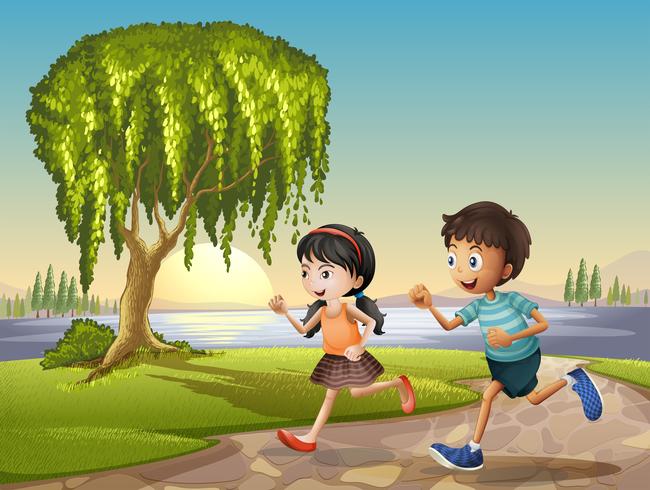 Dos niños corriendo juntos vector