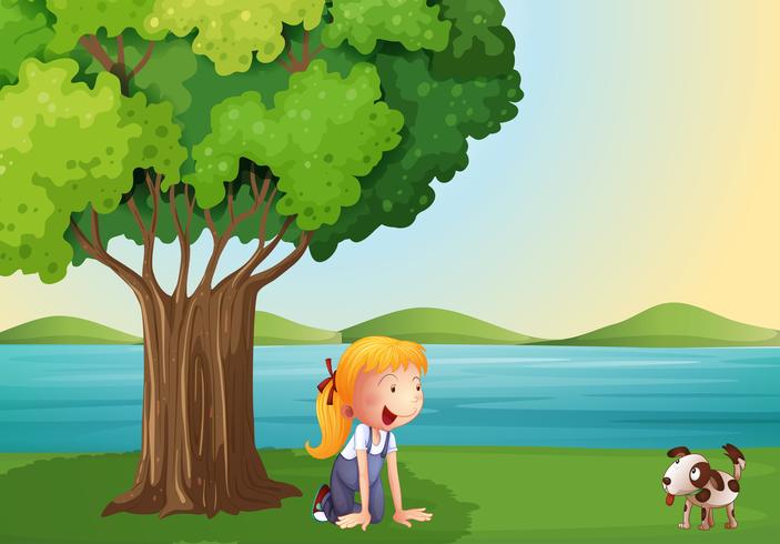 Una niña y su mascota cerca del árbol. vector