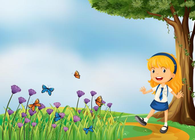 A young school girl in the garden with butterflies vector