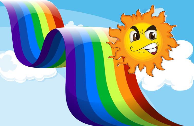 Un sol sonriente cerca del arcoiris. vector