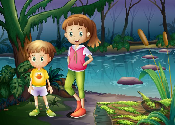 A boy and a girl standing in the middle of the forest vector