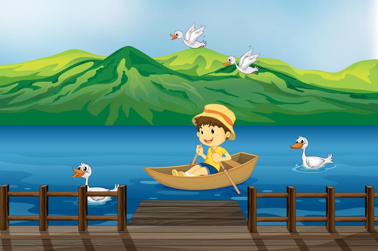 A boy riding on a wooden boat vector