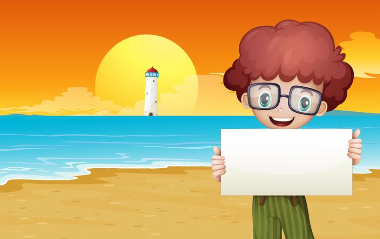 A boy at the beach holding an empty signage vector