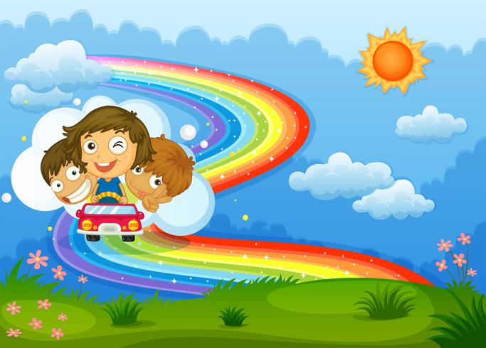 Niños montados en un vehículo pasando por el arco iris. vector