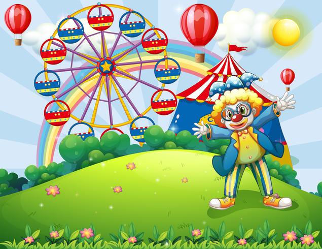 A clown at the hilltop with a carnival and a rainbow at the back vector