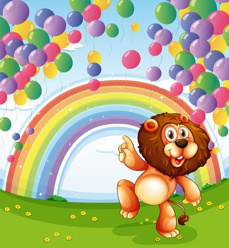 Un león debajo de los globos flotantes con un arco iris. vector