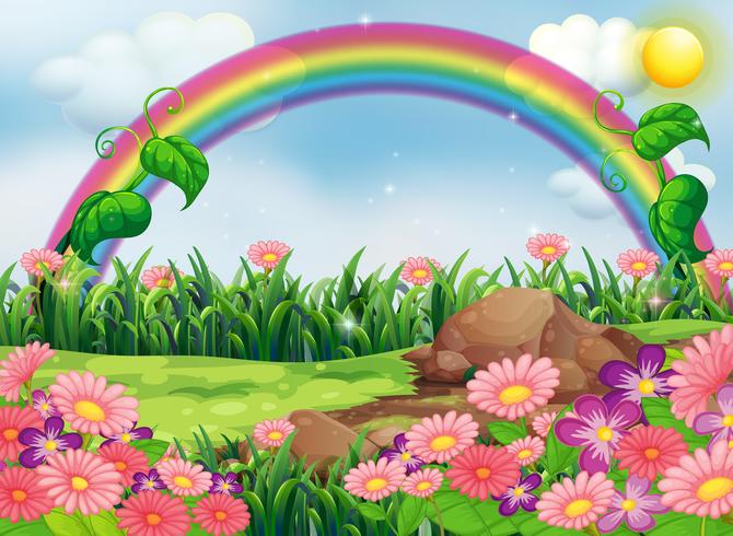 An enchanting garden with a rainbow vector