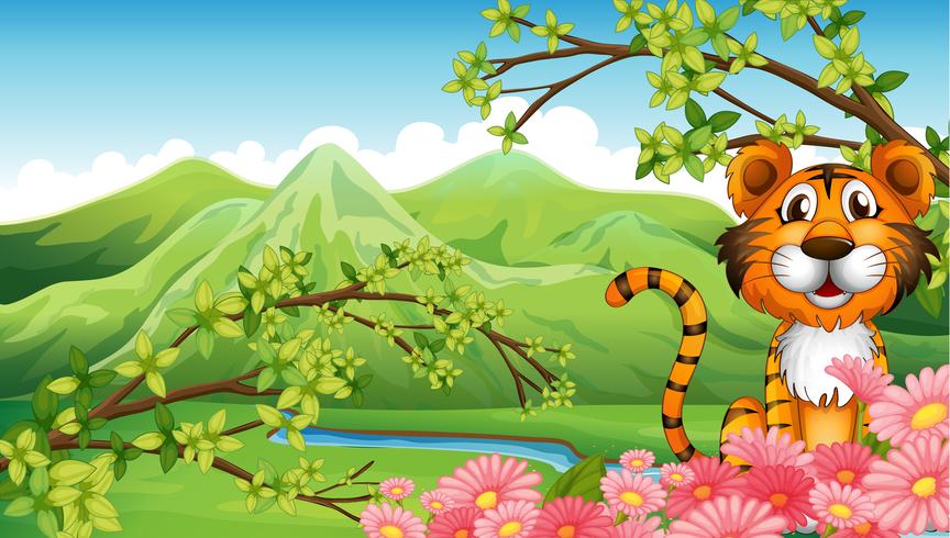 Un tigre cerca de las flores a través de las montañas. vector