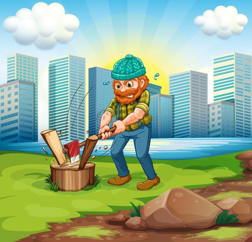 A man chopping woods across the tall buildings vector